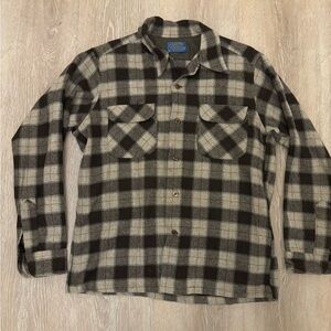 Pendleton Pocket Shirt Mens Collar Medium Beige Brown Plaid Wool Camping See Pic